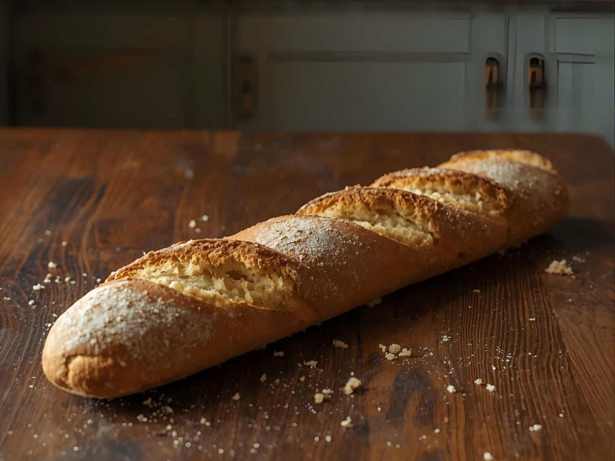 Fresh French baguette on a wooden table — symbol of French culture and language immersion with Eliane.