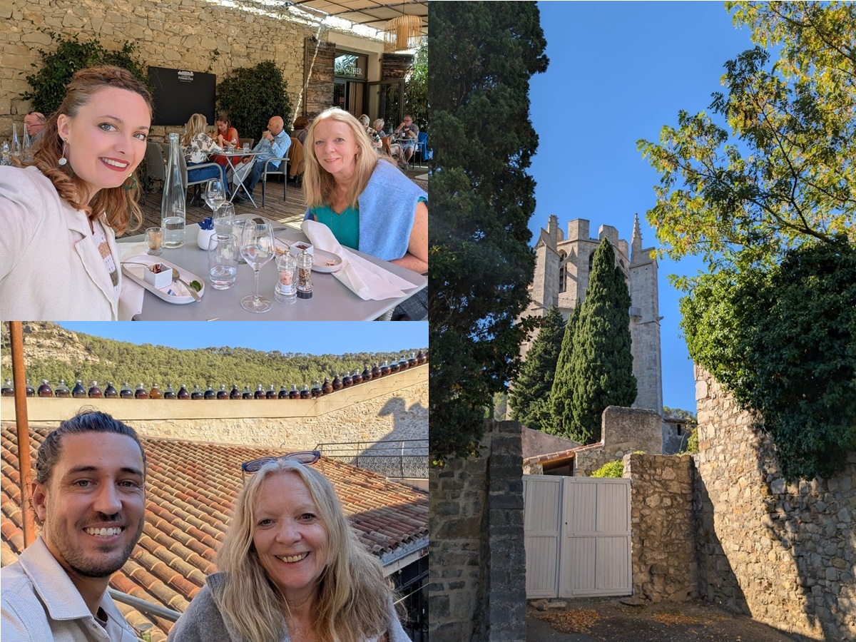 picture of souvenir of a French immersion program in South of France. A student enjoying a lunch in a restaurant with her teacher and in outing with her host in Lagrasse