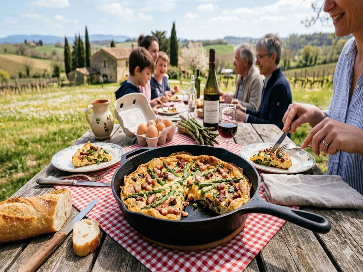 Pique-nique en Occitanie : famille partageant une grande Omelette de Pâques traditionnelle aux asperges et lardons servie dans une poêle.