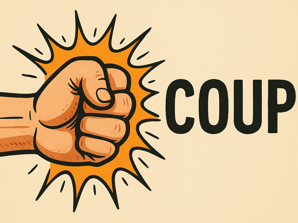 Cartoon illustration of a colorful punch symbolizing the French word “coup,” showing a stylized fist with motion lines and comic-style energy burst, representing the power and impact of the word.