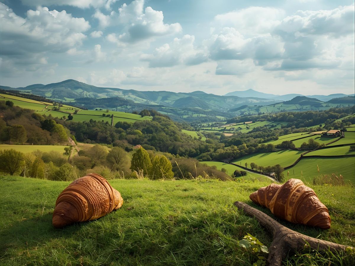 2 croissants walking in a French countryside