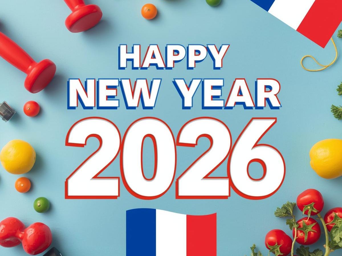 Happy New Year 2026 illustration with dumbbells, vegetables and French flags representing New Year’s resolutions and learning French