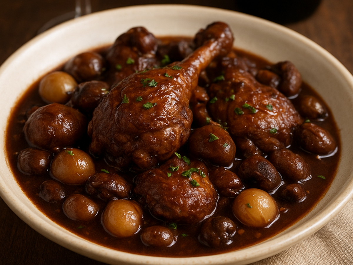 Traditional French coq au vin recipe with chicken, wine, carrots, mushrooms – learn French vocabulary through cooking