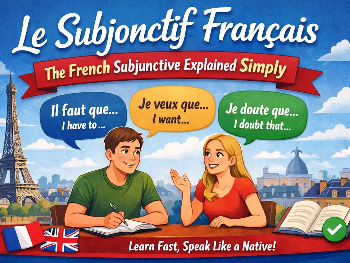 French subjunctive explained simply illustration showing two students learning French grammar with speech bubbles "il faut que", "je veux que", and "je doute que", Paris background and Eiffel Tower, bilingual French English learning concept