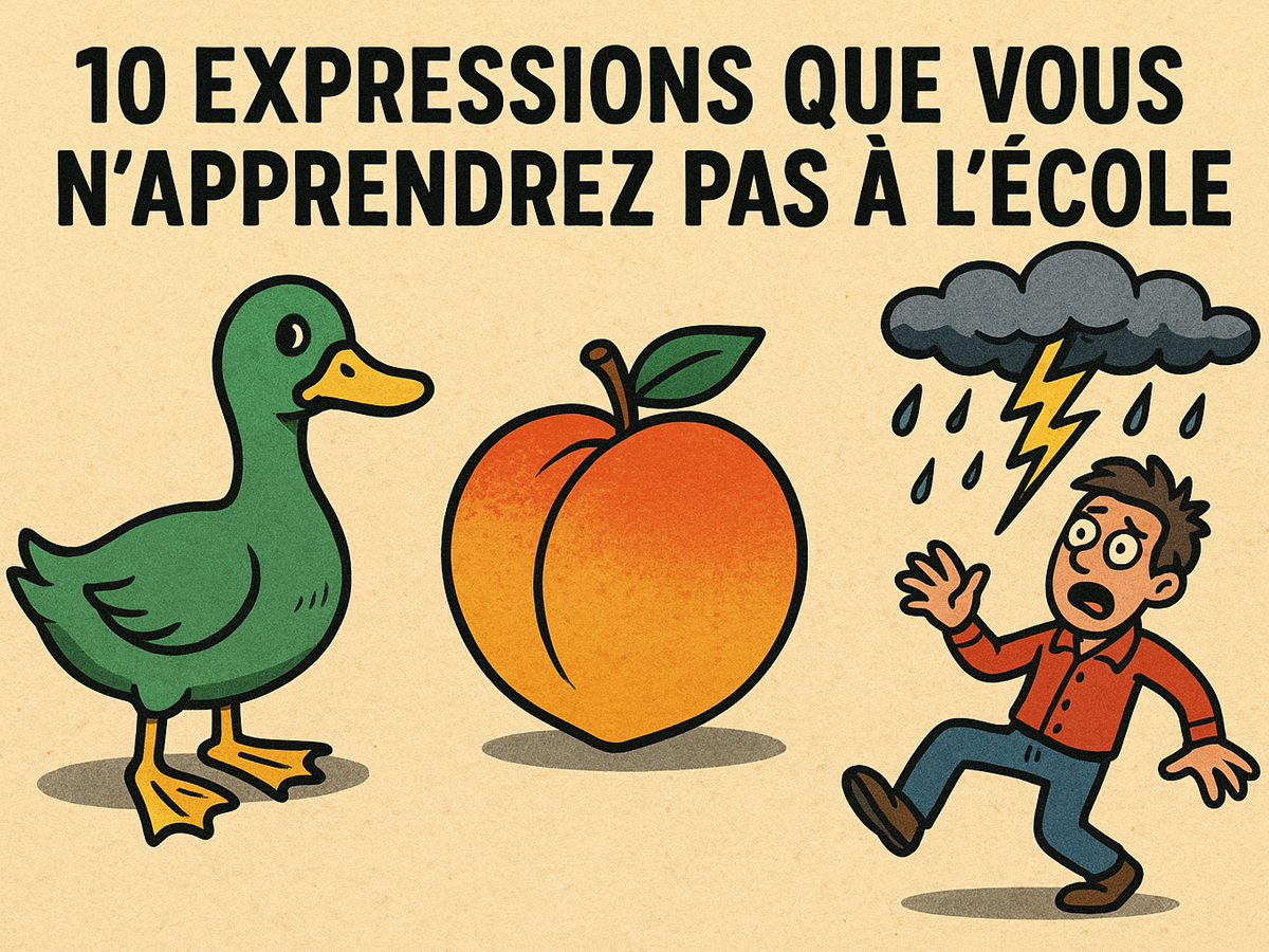 Humorous illustration of a three-legged duck, a peach, and a man struck by lightning, symbolizing unusual idioms you won't learn at school.