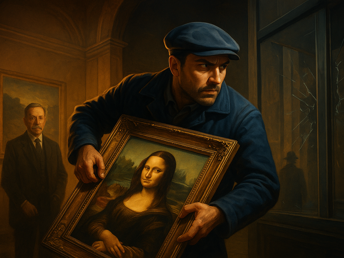 Cinematic illustration of the 1911 Mona Lisa heist at the Louvre, showing a man in a white smock carrying the painting through an empty museum hallway : perfect for a French learning blog on the French culture