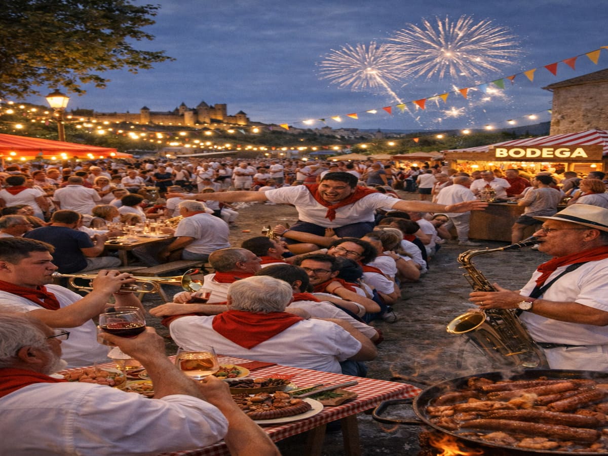 Village festival in Occitanie near Carcassonne with people in white and red, bandas music, shared meals, and summer evening celebration.