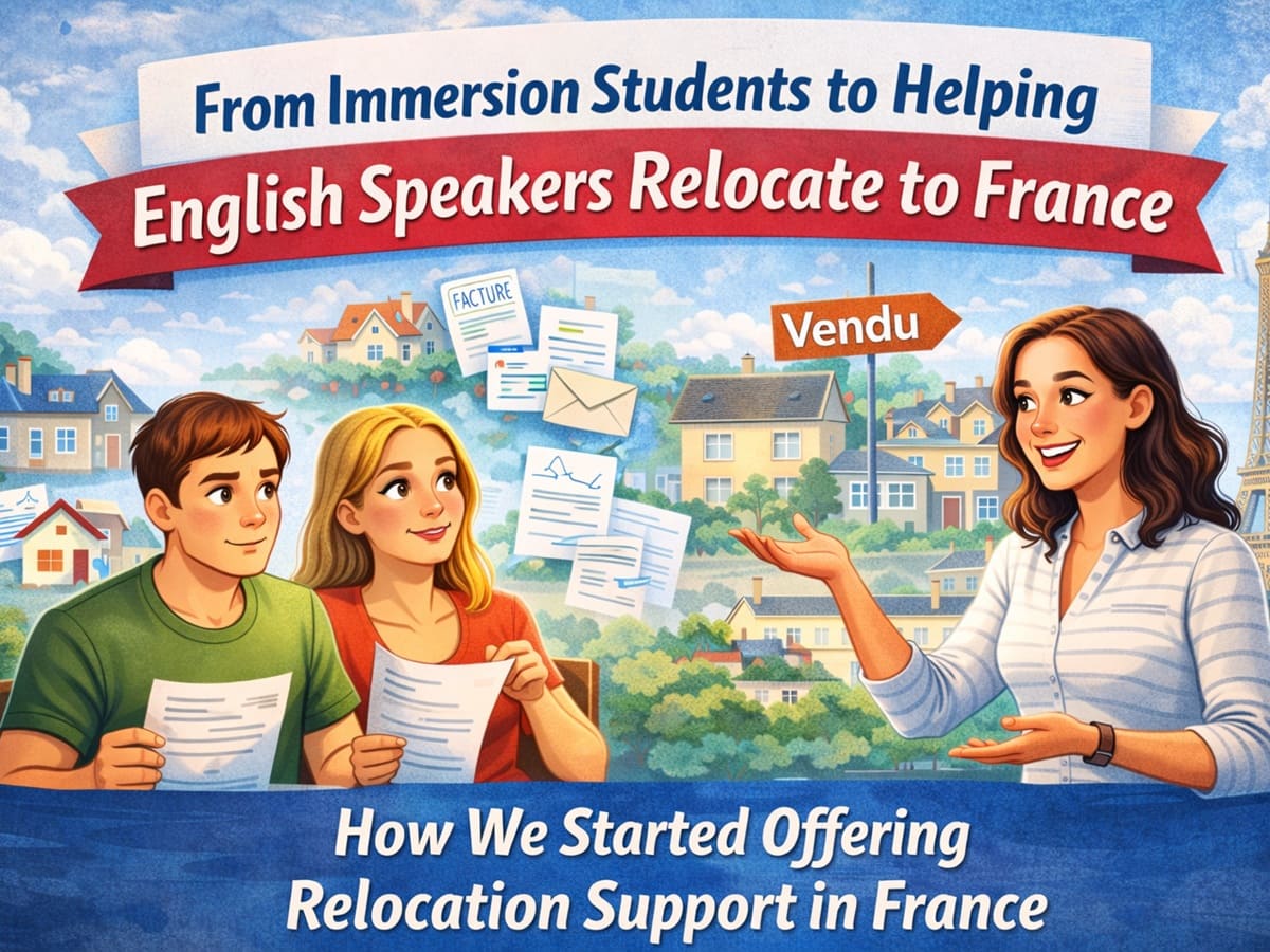 Relocation support in France illustration showing English-speaking couple reviewing French property documents with a French advisor, houses and relocation paperwork in background